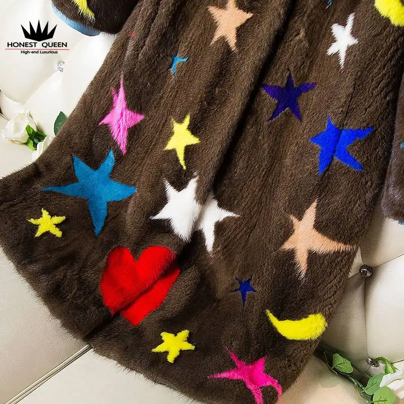 HQ 100% velvet natural true mink fur coat woman's lapel long section color star decoration large size custom