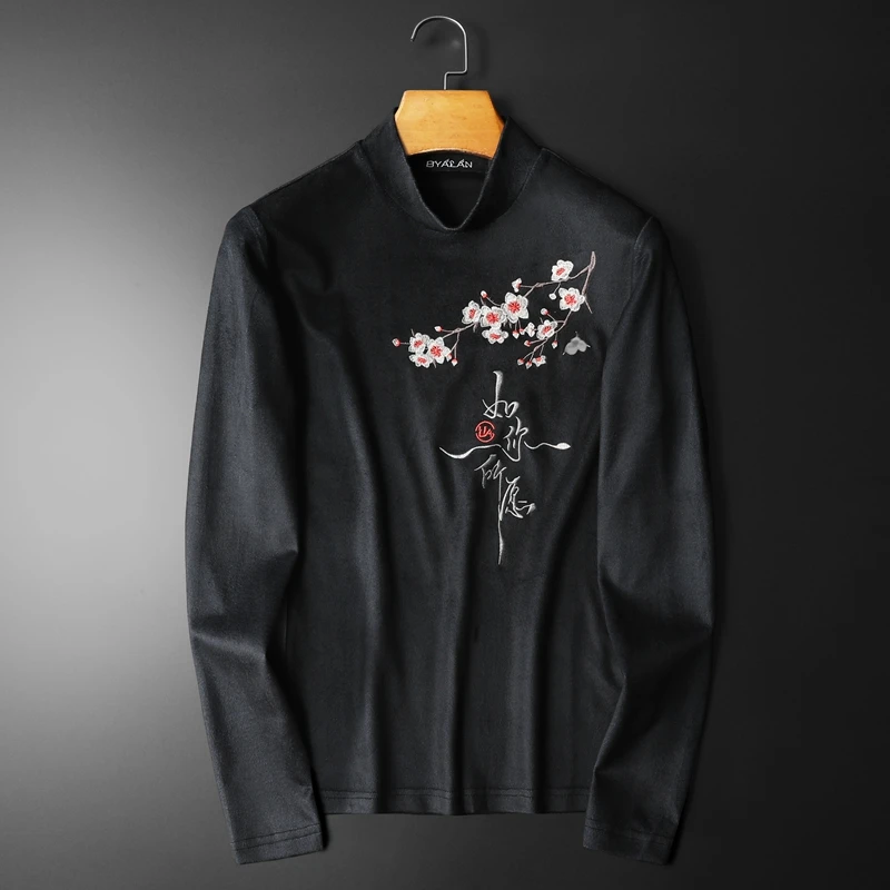 Chinese Style Embroidered Plum Blossom Long Sleeve T Shirt Men Autumn Quality Velvet Smooth Comfortable Fashion Luxury Camisetas