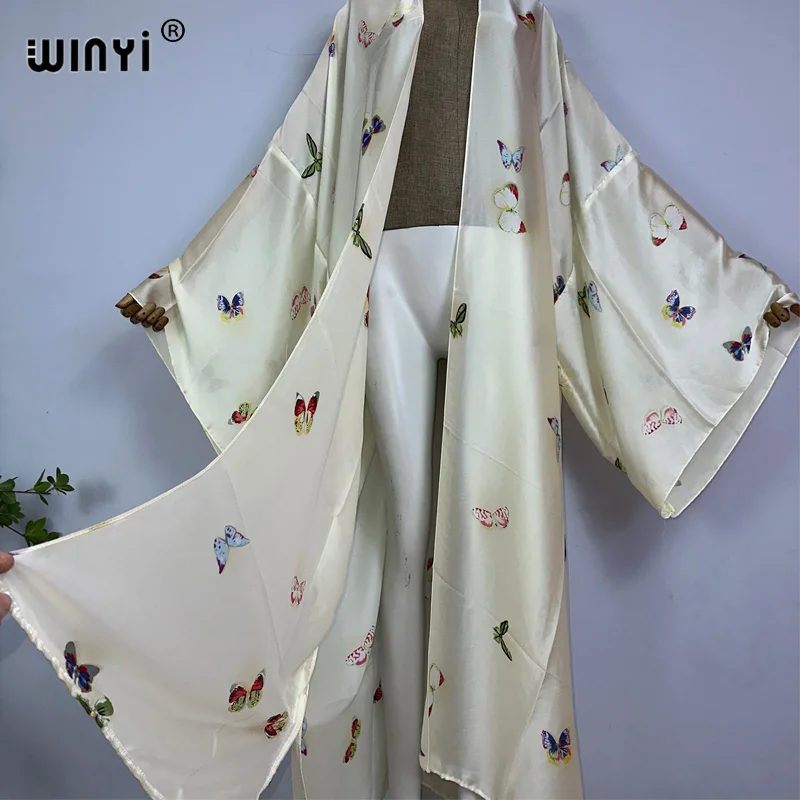 WINYI-vestido longo africano do cardigan para mulheres, impressão da borboleta, elegante, festa, boho, maxi, praia, feriado, cobrir, quimonos, kaftan, verão