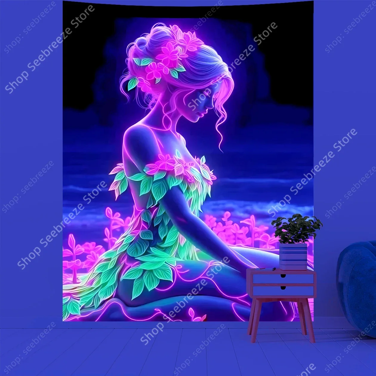 Pink Goddess on The Beach UV Reactive Tapestry Mystical Ambiance Boho Home Art Spiritual Decoration Hippie Room Decor Aesthetics