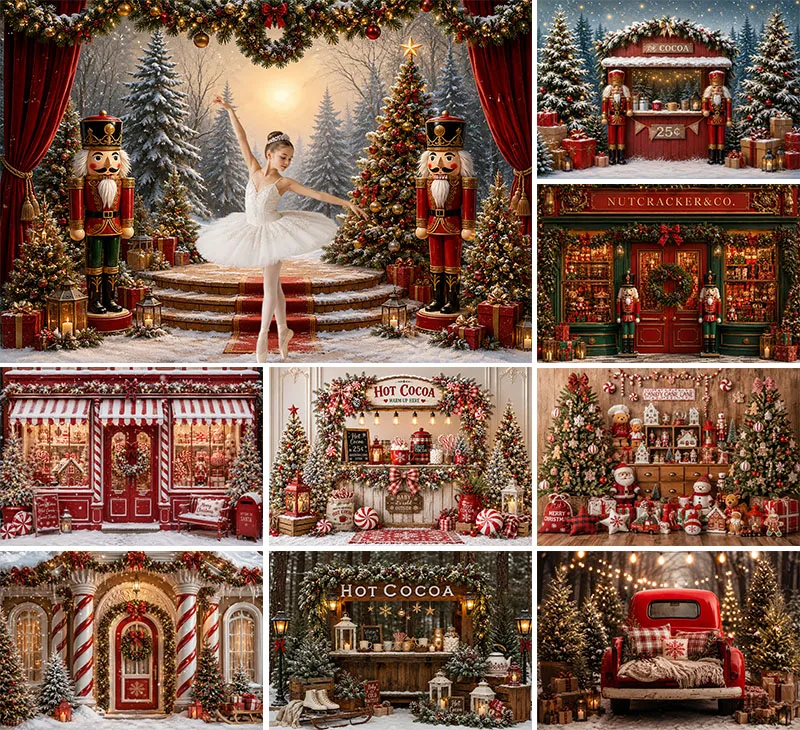 Winter Christmas Photography Background Candy Store Hot Cocoa Glitter Xmas Tree Kids Family Portrait Decor Backdrop Photo Studio