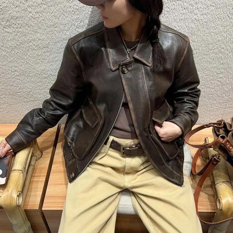 여성용 가을 겨울 브라운 빈티지 가죽 재킷 최상급 양가죽 고품질 숏 길이
