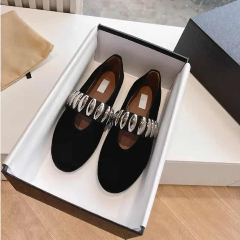 Designer Brand Original Metal Buckle Mary Jane Single Shoe Women's Summer Silver Genuine Leather One Foot Flat Ballet Shoes