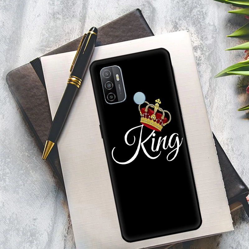 Crown QUEEN & KING Couples Funda For OPPO A52 A72 A92 A94 A74 A54 A1K A15 A16 A3S A83 A91 A93 A5 A9 A53 A31 A53S Case