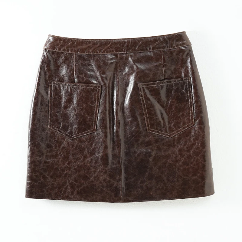 Oil Wax Real Leather Mini Skirt for Women High-end 100% Sheepskin Skirt Sexy Zipper Decoration  Coffee Micro Skirt