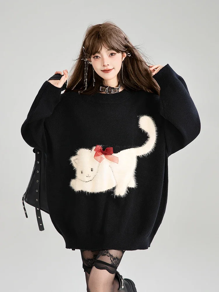 Highstreet Sweet Cool Girl Cute Cat Jacquard Lazy Casual Loose Long Sleeve Round Collar Black Sweater Women Pullover Tops Winter