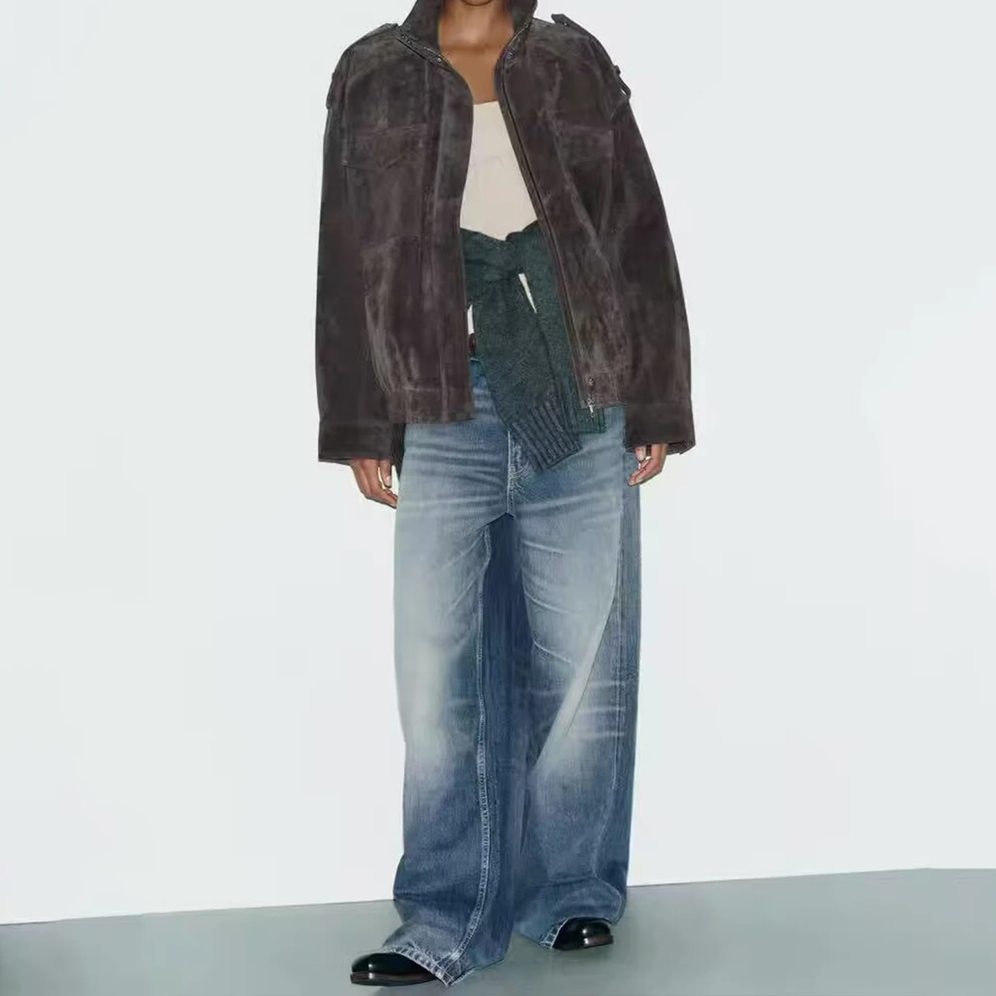 Damska kurtka skórzana na jesień 2025 z aksamitną teksturą, odzież wierzchnia, długi płaszcz na zamek błyskawiczny, casualowy płaszcz damski.