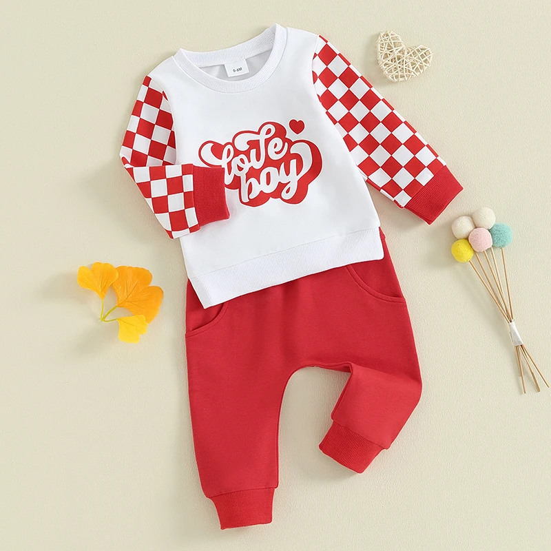 Valentine s Day Toddler Boys 2Pcs Clothes Set with Letter Heart Print Checkerboard Long Sleeve Sweatshirts and Pants