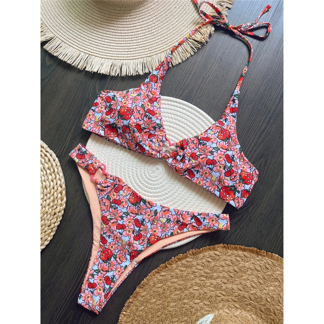 Sexy Blumenmuster, Neckholder-Bikini, brasilianischer Bikini, Damen-Badebekleidung, zweiteiliger Bikini, Badeanzug, Badebekleidung, Schwimmbikini V6048 – Detail 7