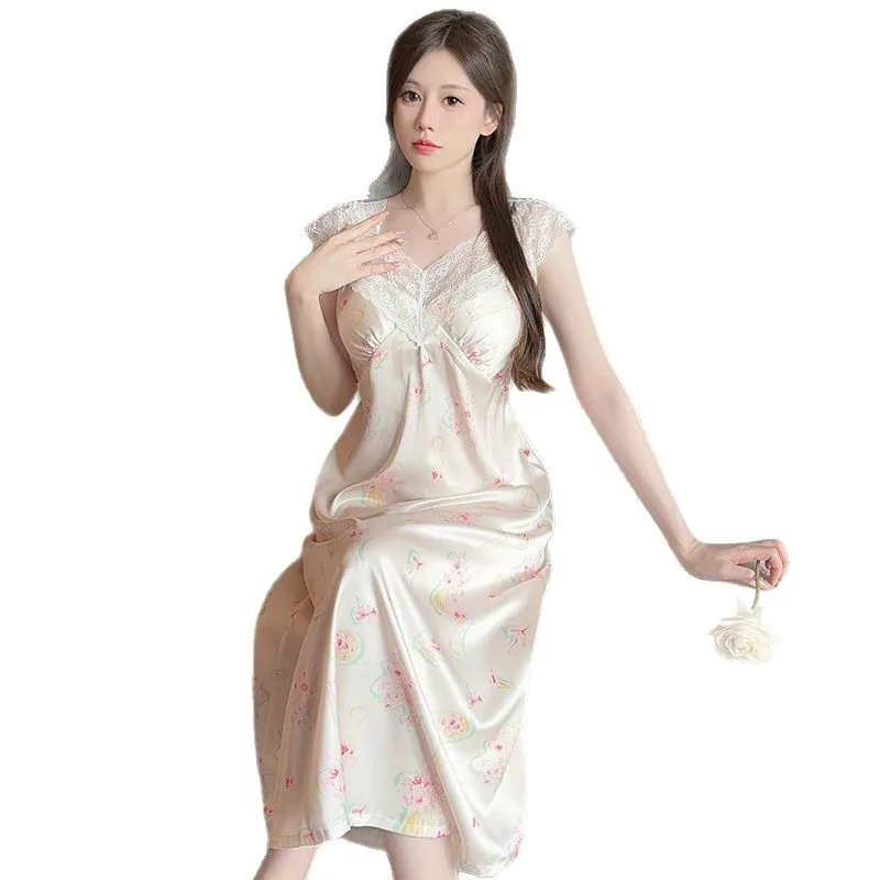 Long Nightgown Women's Summer Ice Silk Thin Sexy Long Dress Home Pajamas Women's Chest Pad Lace Simulation Silk Suspender