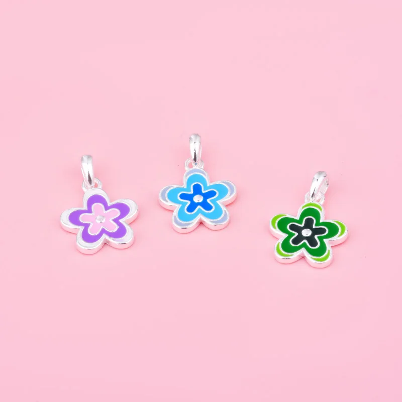 S925 Sterling silver flower drop glue Pendant Purple blue Green pendant diy bracelet beaded self-made silver jewelry material