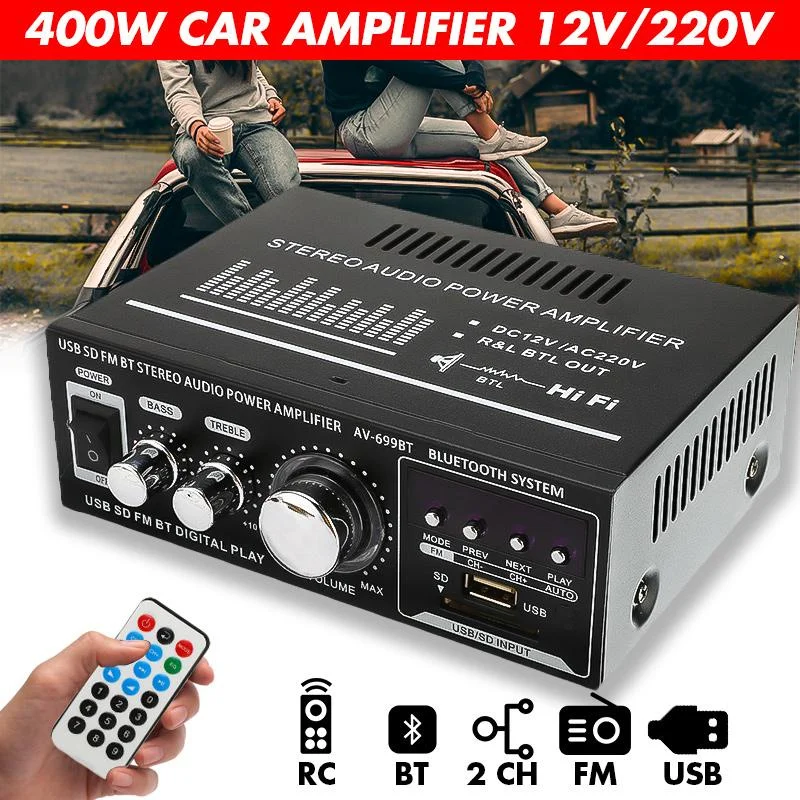 400W Car Audio Stereo Amplifier 2 Channel Bluetooth Car FM Radio with Remote Control HIFI Amplifier DC12V/AC 220V