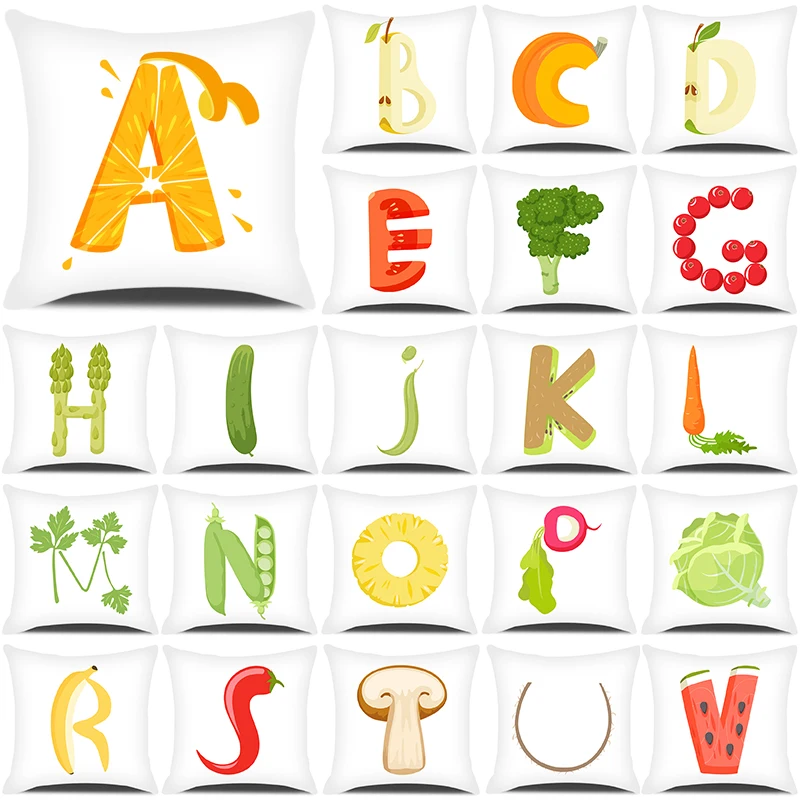 

2022 New Cartoon Letters Pillow Covers 45*45 Pillow Case Funny Fruit Vegetable Alphabet Cushion Cover Sofa Decorative Pillowcase