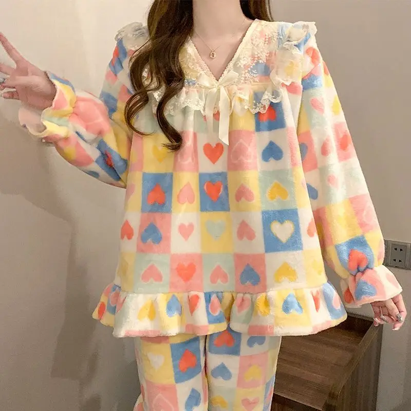 

Winter Warm Flannel Women's Pajama Set, Loose and Comfortable Elastic Waist Pajama Two Piece Cute Girl Home Clothes Set,