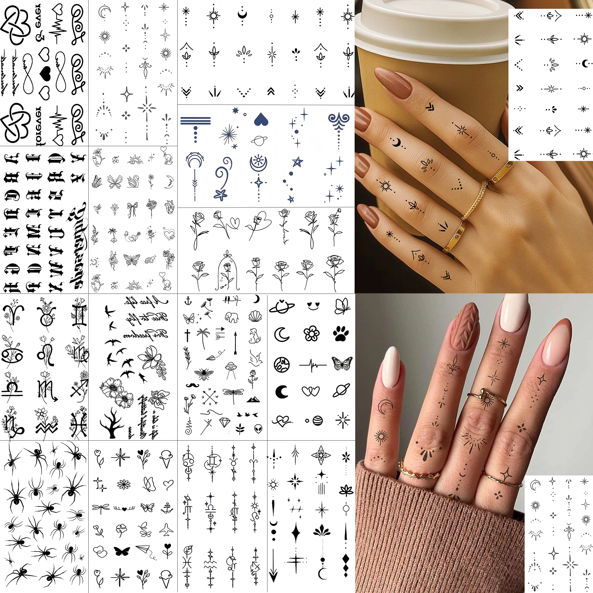 1 Sheet Spider Letter Flower Small Pattern Temporary Tattoos For Women Finger, Fake Tattoo Sticker Long Lasting Realistic Tatoos