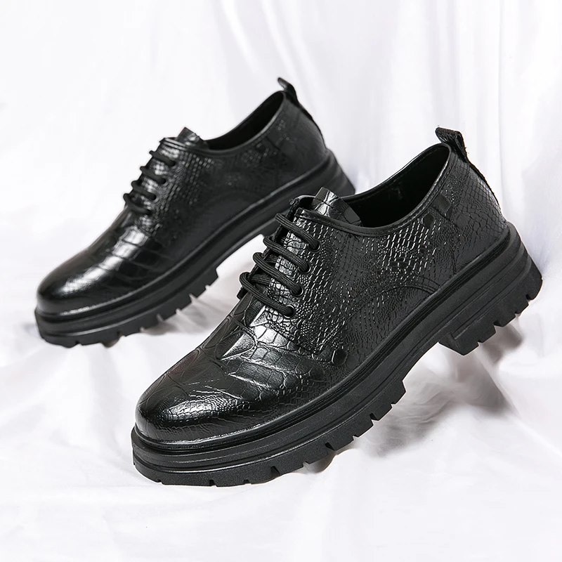 

Classic Black Korean Version New Big Head Leather Shoes Thick Sole Crocodile Pattern Men's Casual Shoes Fashion Men's Work Shoes