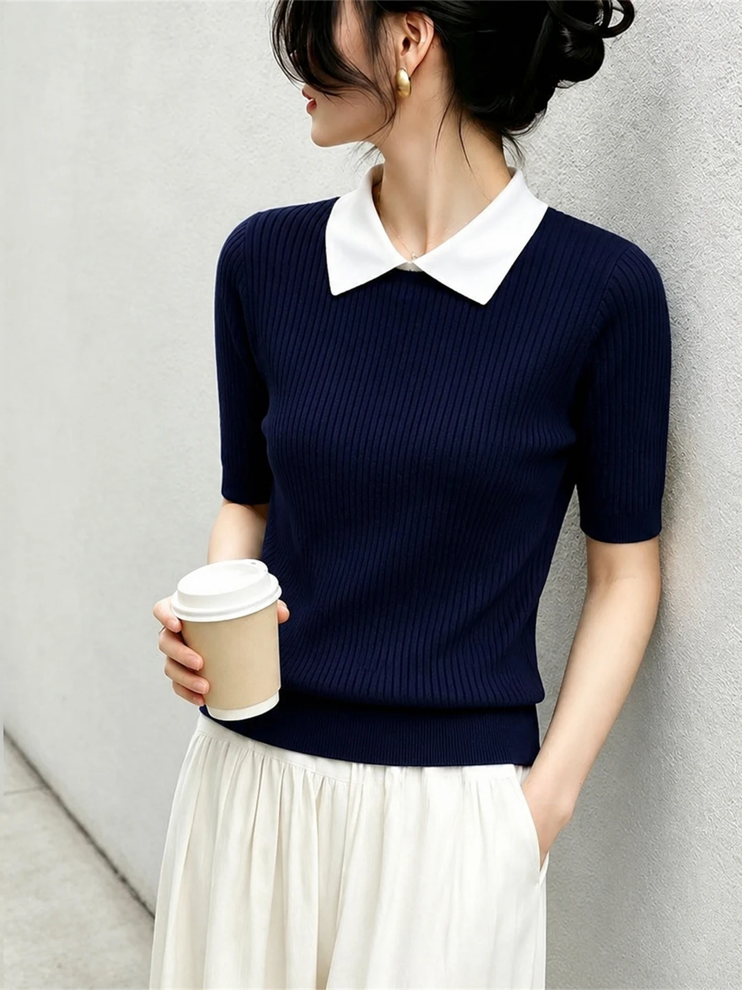 Korean Style Ice Silk Knitted Short Sleeve Pullover Color Block Design Simple And Stylish Summer Top for Women Commute Wear