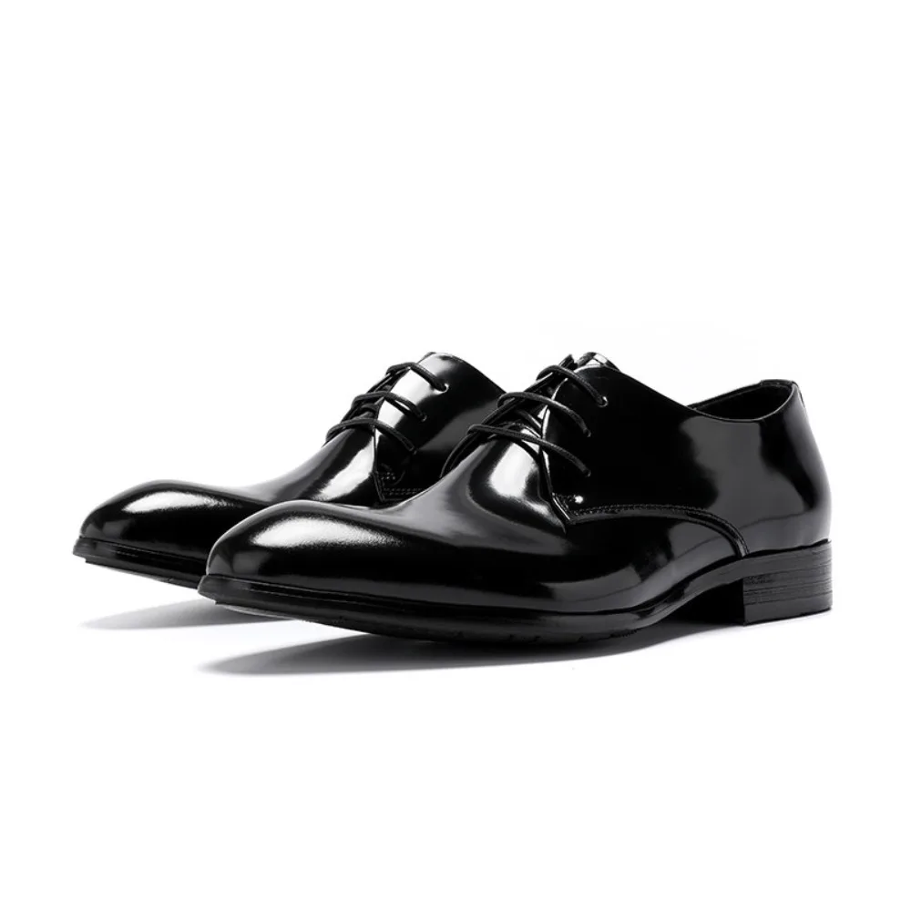 Men British Style Pointed Toe Leather Shoes Genuine Leather Glossy Fashion Business Casual Wedding Dress Shoes for Men