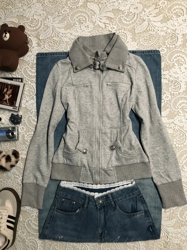 

Harajuku Vintage Gray Sweatshirt Women Early Autumn New Long Sleeve Jackets Y2k Streetwear Punk Stand Collar Coat