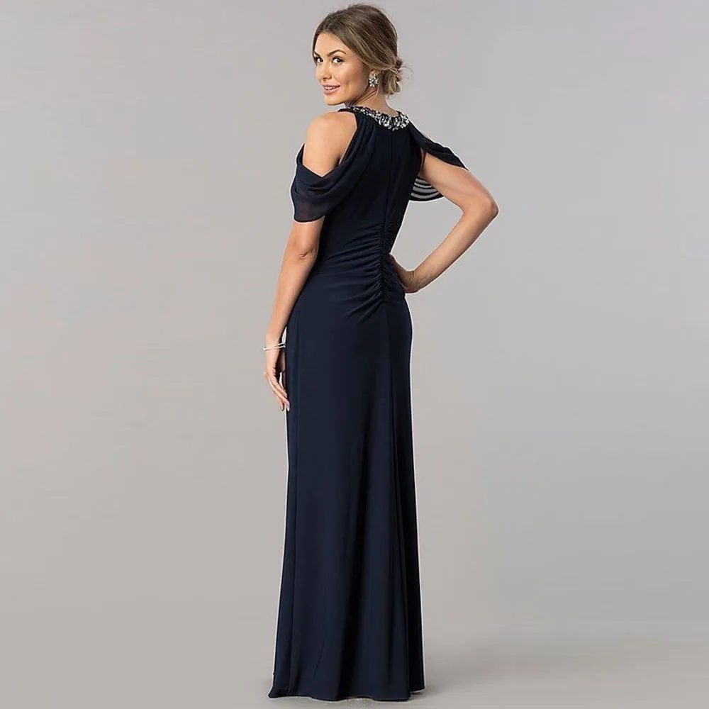 ELegant-Dark Navy Chiffon Dress, O-Neck Beading, até o chão, vestido de festa formal, mãe dos vestidos de noiva para casamentos