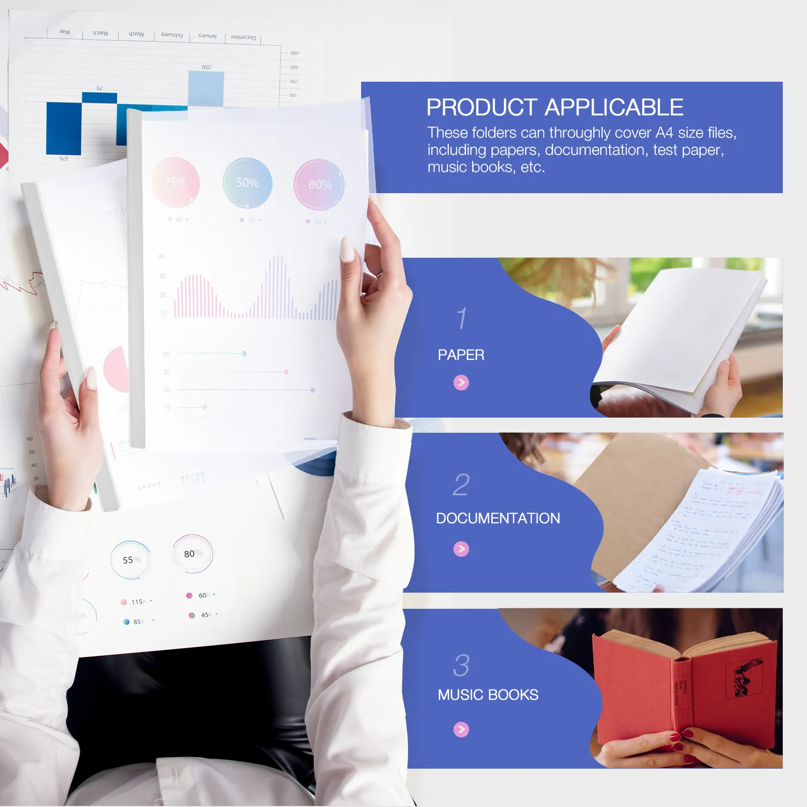 

10Pcs Plastic File Folders Transparent A4 Draw Rod Clamps for Documents Papers Music Books Student Office Organizer Storage