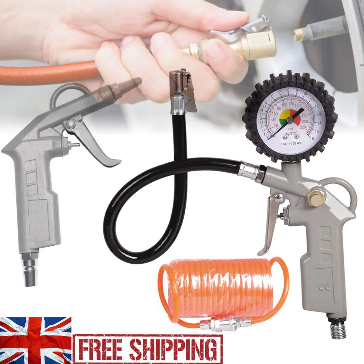 3 Pcs Air Compressor Recoil Hose Line Tool Car Tyre Inflator Duster Gun Kit UK