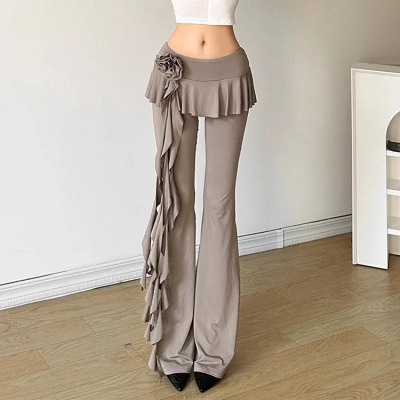 Vintage Ruffles Tassel Thin Casual Pants Women 2025 Spring New Fake Two-piece High Waist Pleated Sexy Slim Wide Leg Pants