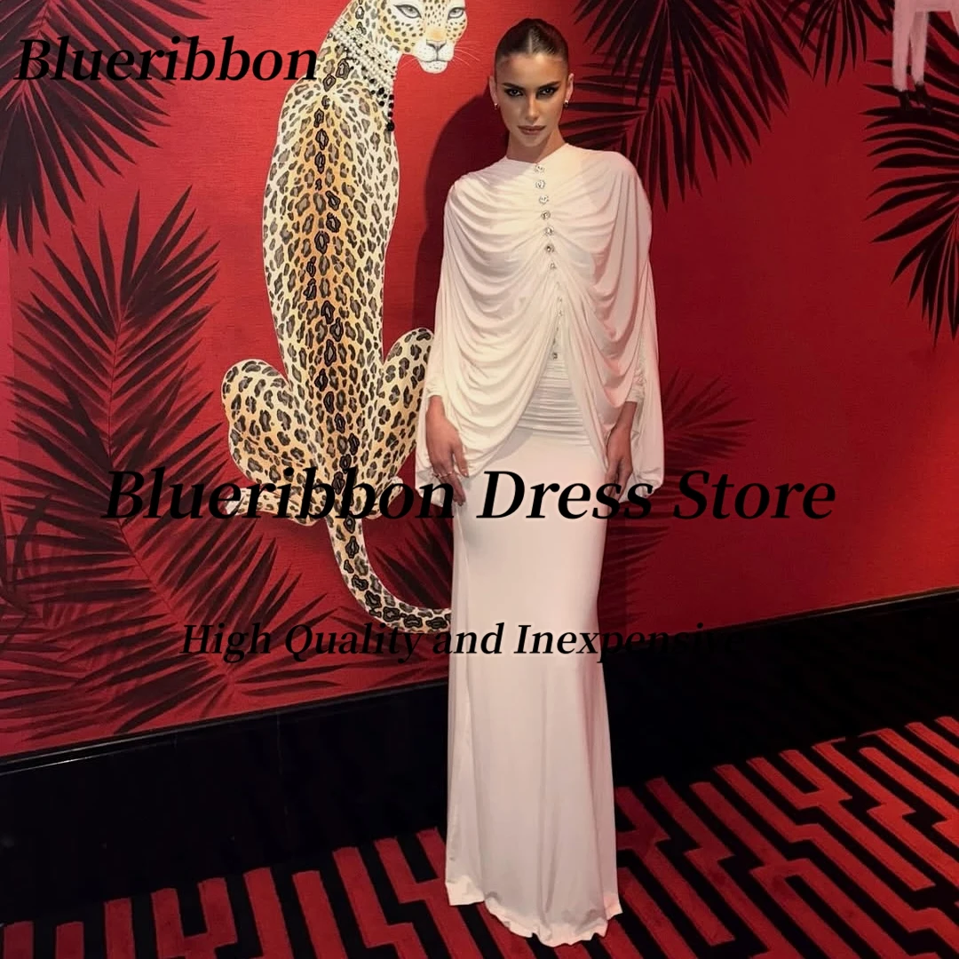 

Blueribbon Saudi Ladies Wear Prom Dresses with Buttons Pick Ups Shawls Evening Gowns Long Sheath Special Party Dress Customized