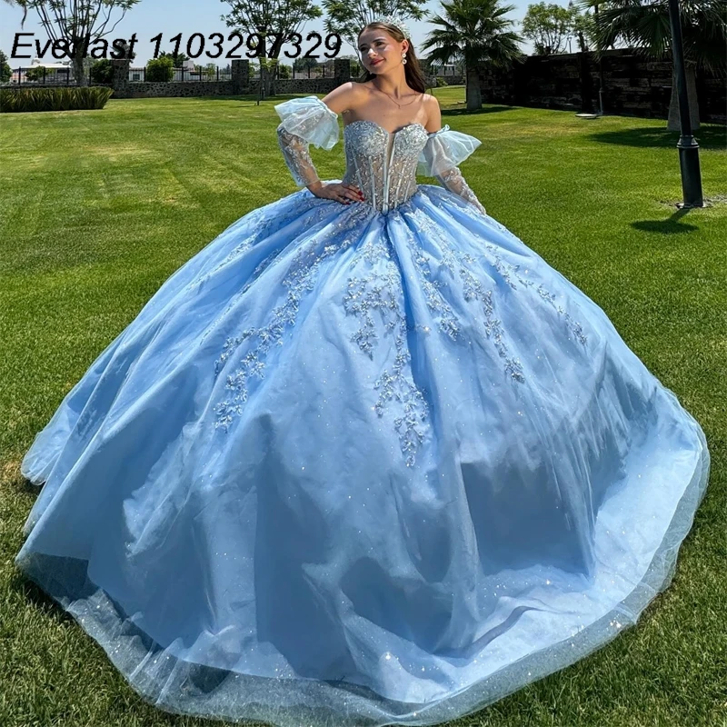 Evolt personalizado azul quinceanera vestido de baile brilhante renda applique frisado cristal méxico doce 16 vestidos de 15 anos tqd867