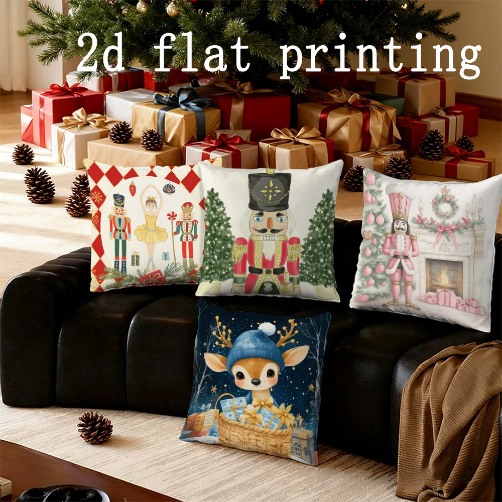 Home Decor Christmas Nutcracker & Deer Pattern Pillow Covers Pattern Cushion Cover Suitable for Sofa Bedroom Car Pillow Cover