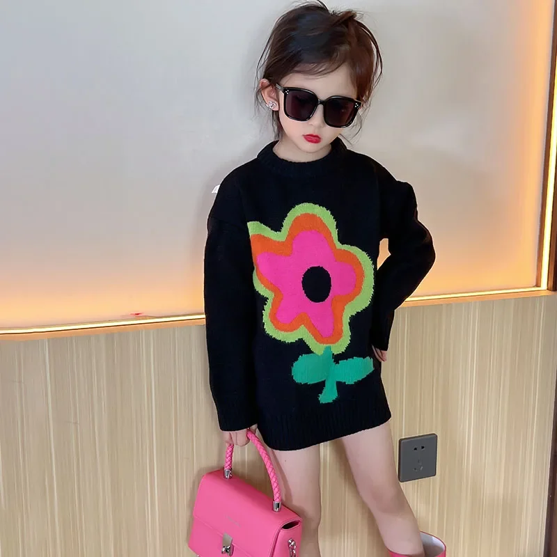 

Spring Autumn Girls Sweater Baby Knitwear Kids Knitted Tops Children Pullover Clothes Big Floral Jacquard Rib Knit 4-13Y