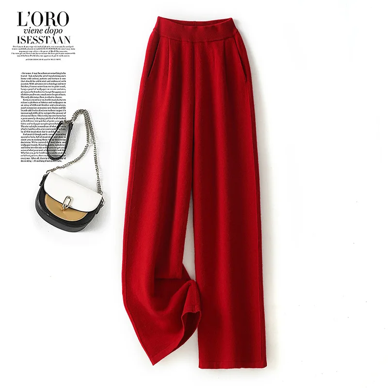 Women's Mid-Waist Elastic Waist Long Pants Autumn Winter Casual Knitted Trousers 100% Merino Wool Comfortable Fit Casual Pants