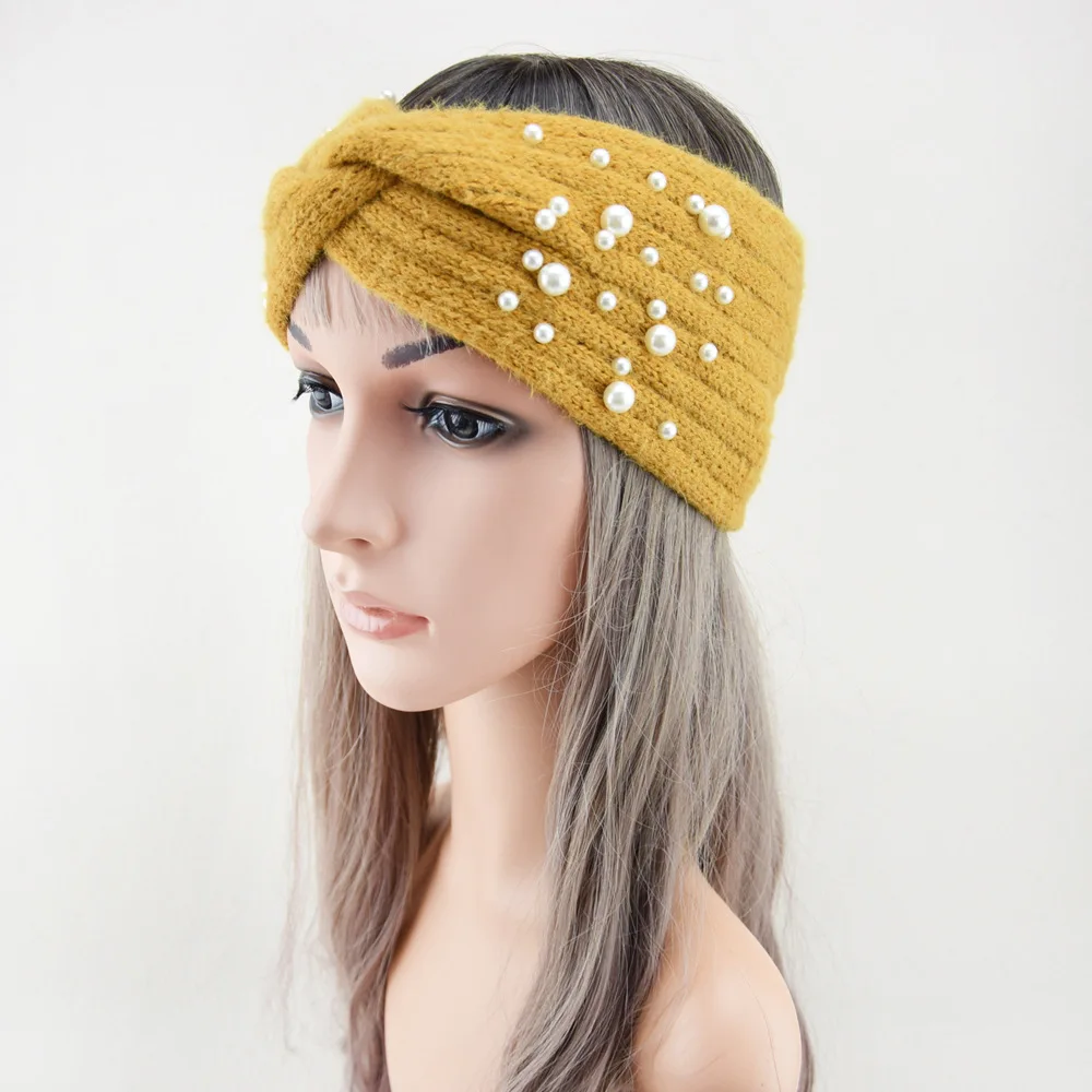 New Pearl Knitted Cross Headbands For Women Girls Handmade Hair Accessories Autumn Winter Headwear Ear Warmer Elastic Hair bands