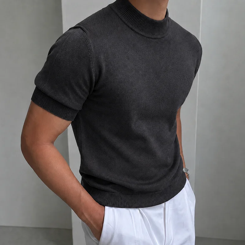 Herren Casual Einfaches Strick-T-Shirt Halbhoher Kragen Weicher Komfort Modisch Einfarbiges Strick-Kurzarm-T-Shirt Mock Neck Pullover – Detail 15