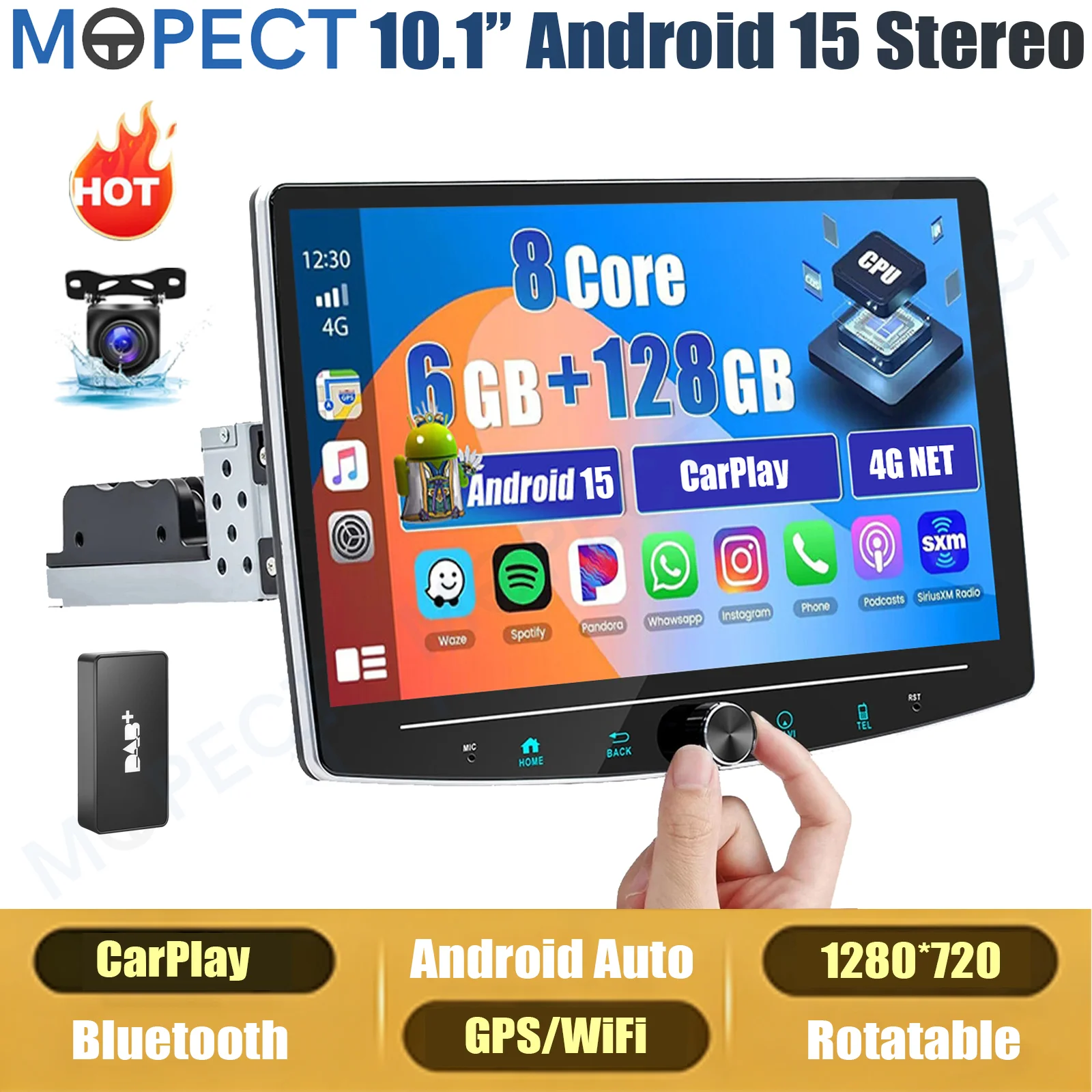 MOPECT 10 Zoll Android 15 Autoradio 6+128GB Single 1 DIN Universal Manuell 360 °   Drehbarer Kabelloser Carplay Android Auto GPS-Navigation RDS FM MIC Wifi Bluetooth Lenkradsteuerung Touchscreen