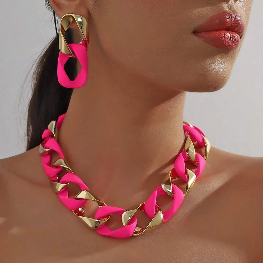 New INS Fashion Set Hip Hop Fluorescent Color Acrylic CCB Spliced Choker Necklace And Earrings For Women Neck Jewelry