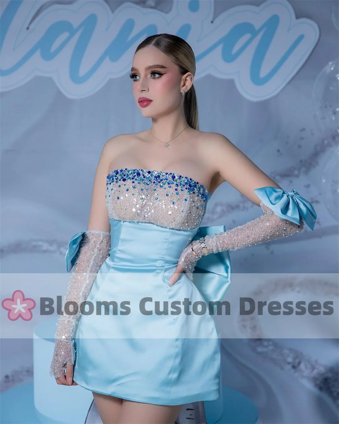 Blooms Glitter Beads Strapless Mini Customized Evening Dresses Satin Prom Dress Bow Above Knee With Gloves Cocktail Party Gown