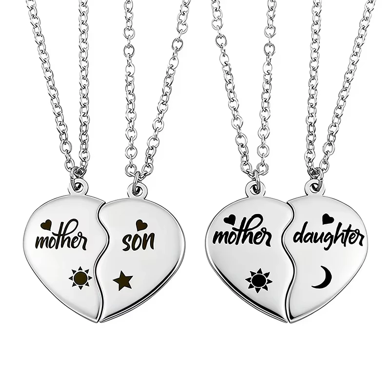 2Pcs/Set Mother Daughter Son Necklace Stainless Steel Pendant Necklace Heart Matching Family Jewelry Gifts