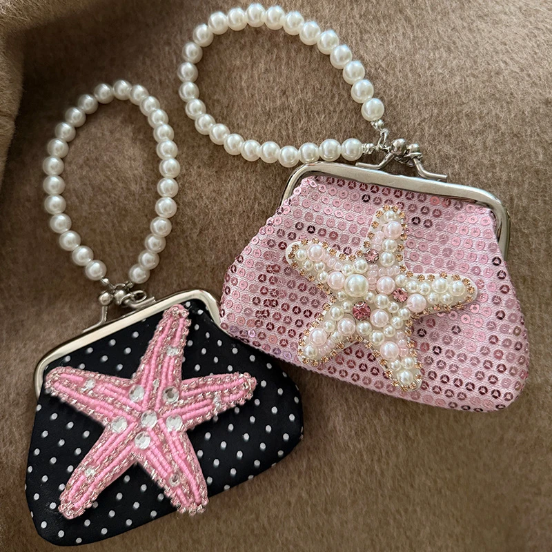 Vintage Polka Dot Coin Purse Cute Lace Flower Starfish Seashell Decor Mini Storage Bag Keychain Tassel Pearl Wallet Bag Pendant