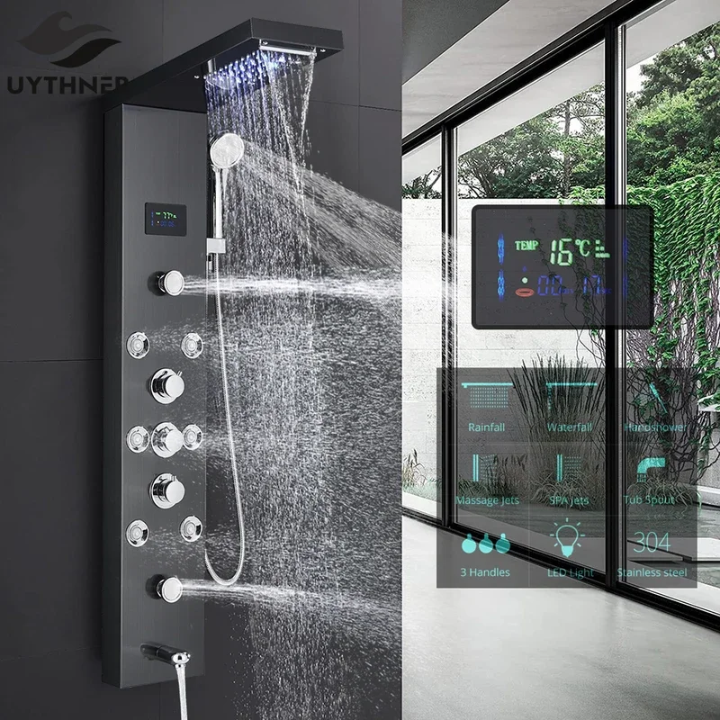 Black/brushed bathroom shower faucet set led rainfall shower panel system bathtub water mixer tap massage spa temperature screen