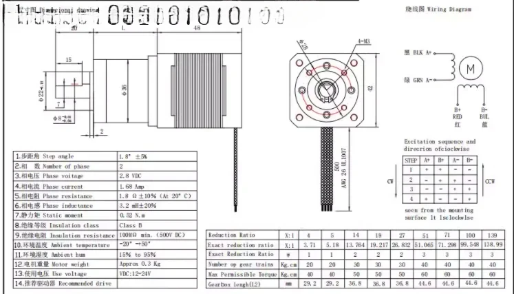 NEMA17 Verzögerungsschrittmotor Modell 17HS19-1684S-PG5 17HS19-1684S-PG14