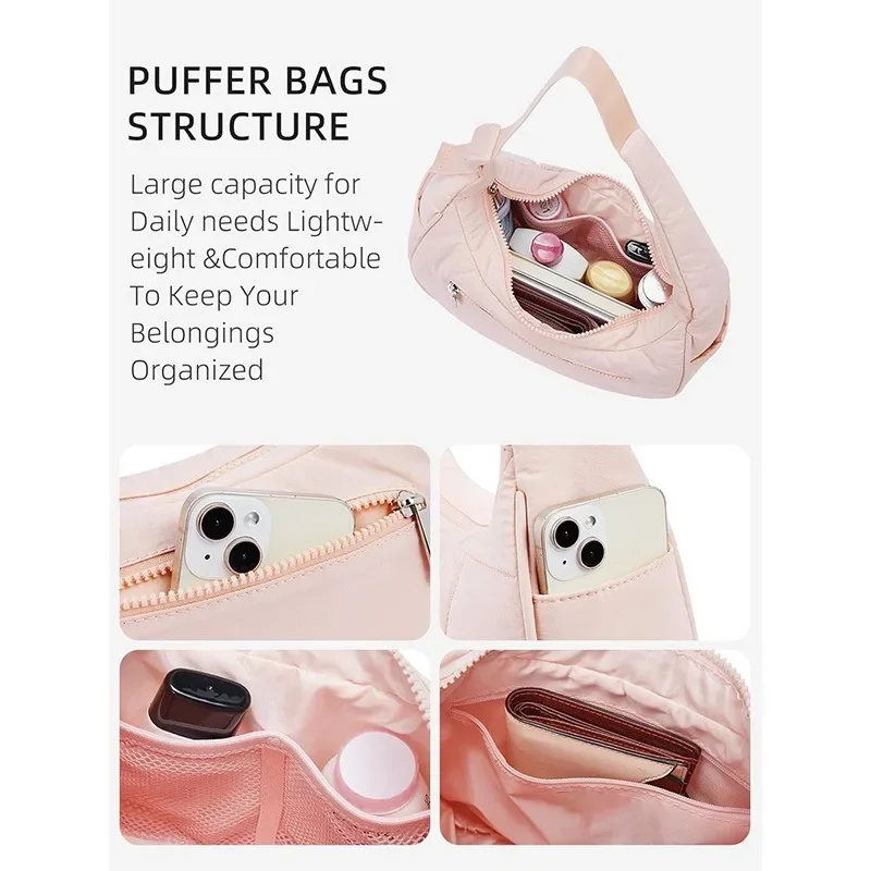 Light Pink Grid Quilted Puffer Crescent Hobo Bag Adjustable Wide Strap Nylon Padded Underarm Shoulder Bag for Women Daily Casual Use - view 4
