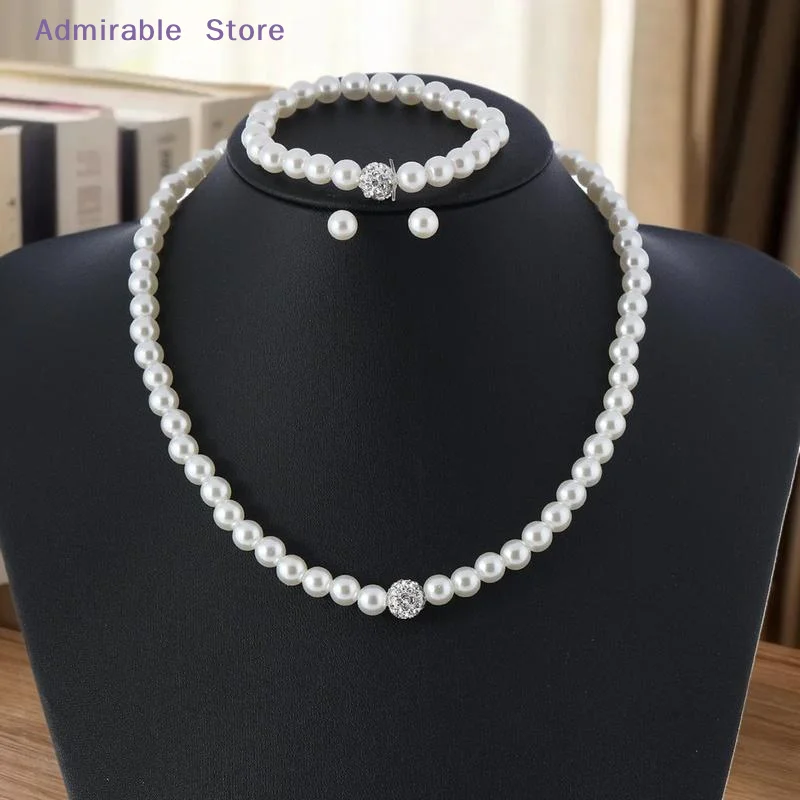 w3 PCS Set Imitation Pearl Fireball Necklace Bracelet Earring Stud Jewelry Set Silver Color Crystal Stone Elegant Bridal Jewelry