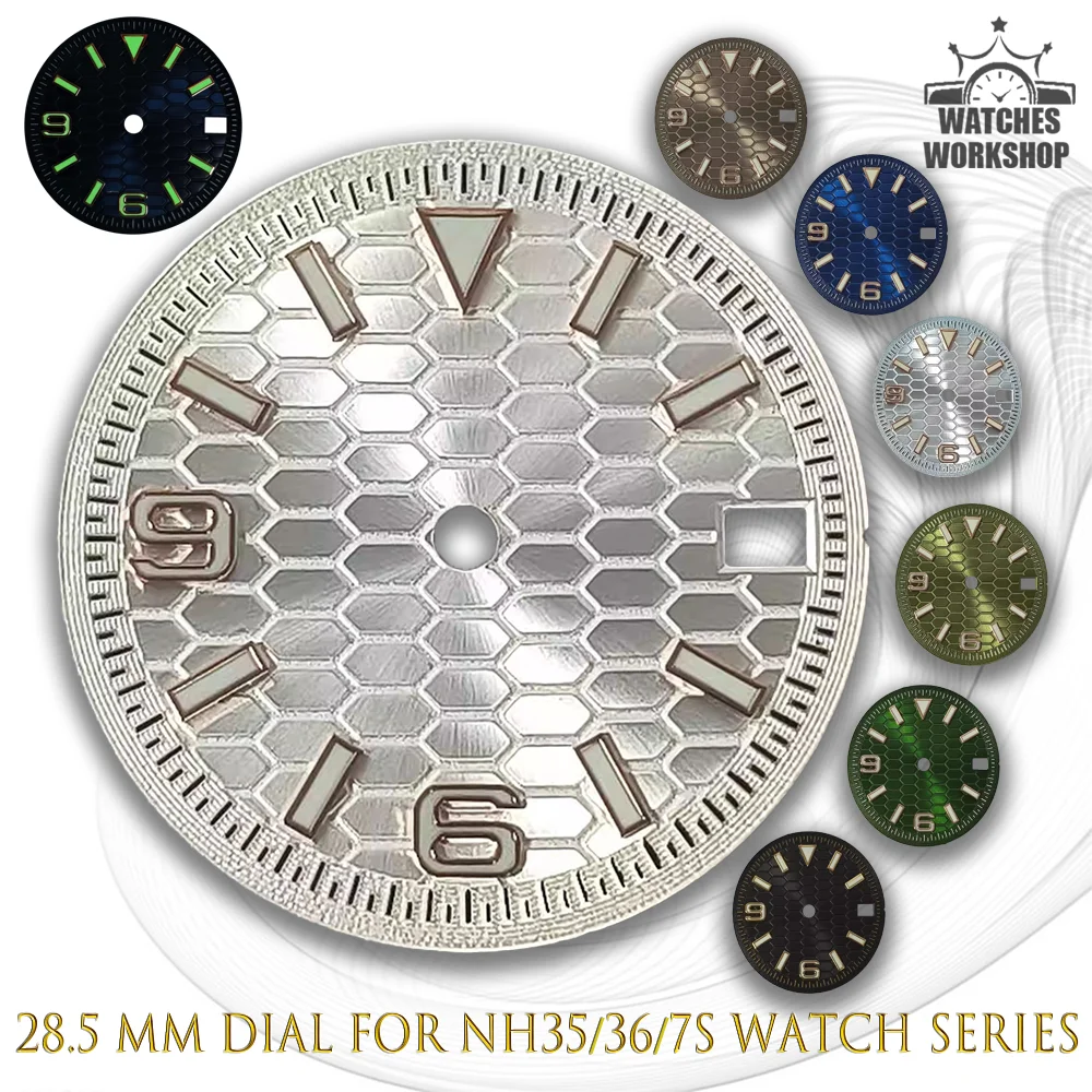 28.5mm Honeycomb Embossed Watch Dial Green Luminous Index Fit NH35/36/7S For 3 O'clock Watch Case Multiple Colors