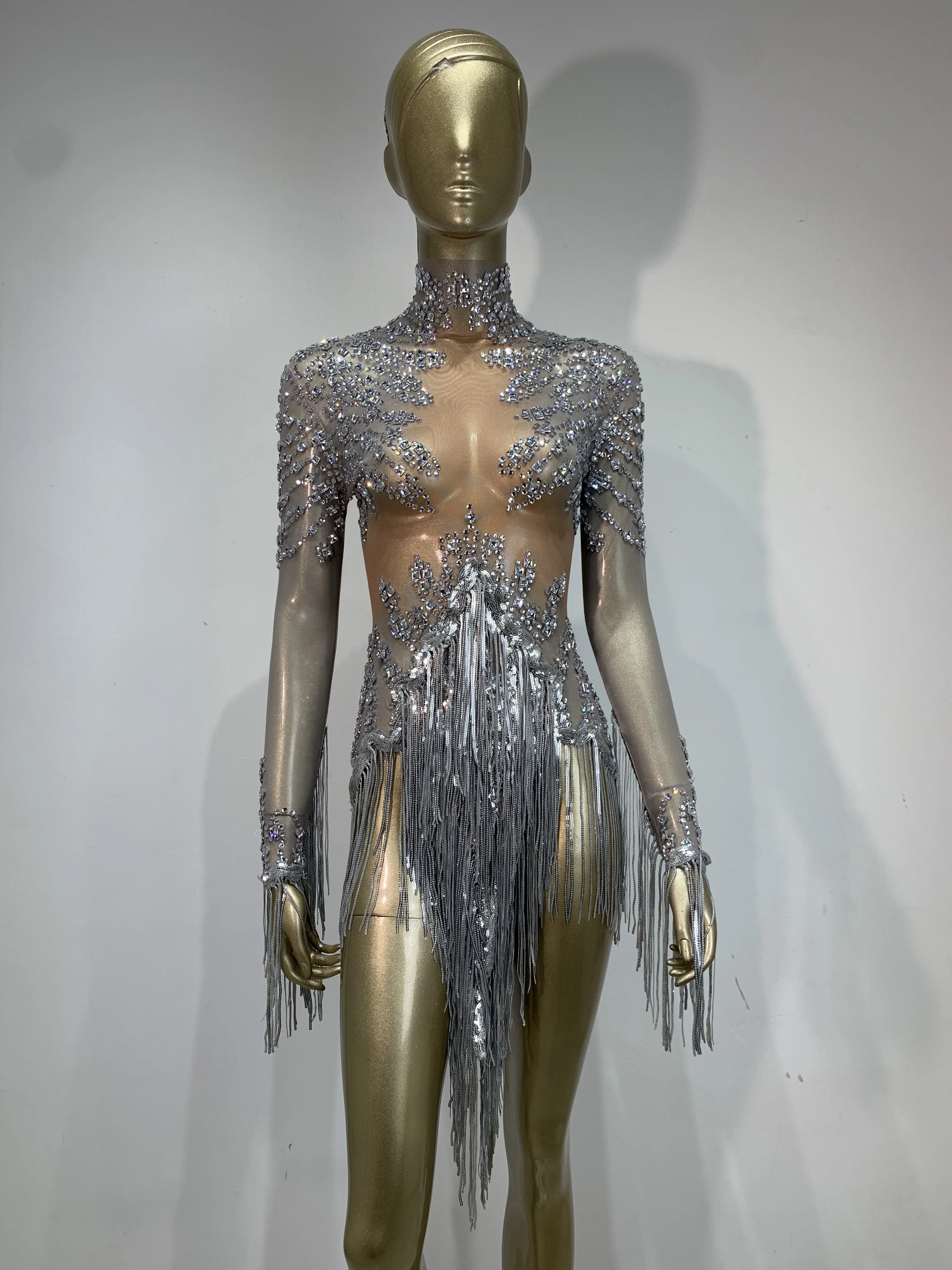 Sexy Mesh Tassel Dress Sequins Design Dancer Performance Luxury Birthday Party Dance Costume Stage Wear Nightclub Drag Queen