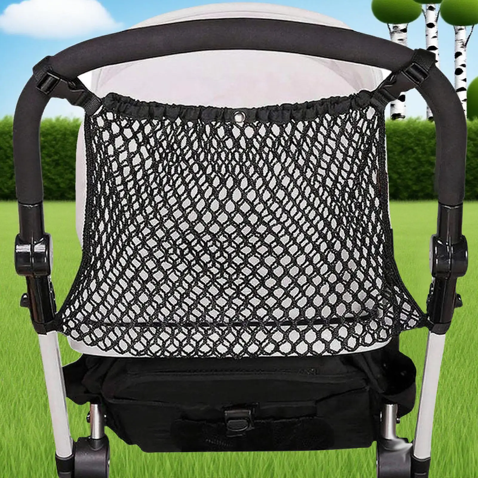 

Сумка для коляски, сетчатая сумка из полиэстера, регулируемая сетчатая карманная сумка для коляски, контейнер для закусок для прогулок на открытом воздухе, подгузников, продуктов
