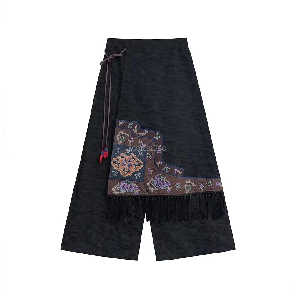 سراويل نسائية جديدة موديل 2025 على الطراز العرقي الصيني المطرز بأرجل واسعة سراويل هالين غير رسمية عالية الخصر سراويل فضفاضة طويلة يومية t01