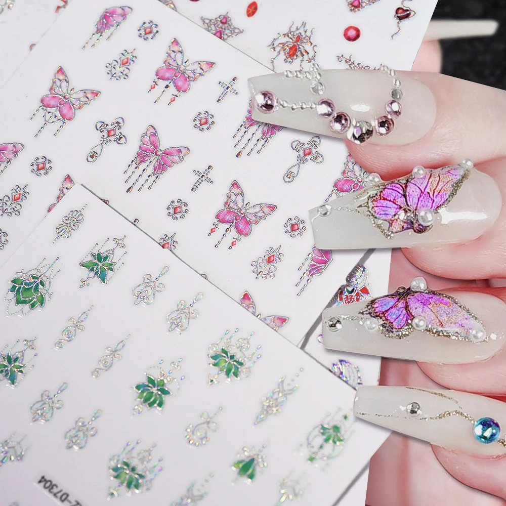 12 szt. Metaliczne naklejki na paznokcie 5D w stylu retro, frędzle, motyle, naklejki w stylu lotosu, wiszące klejnoty, samoprzylepne dekoracje do paznokci