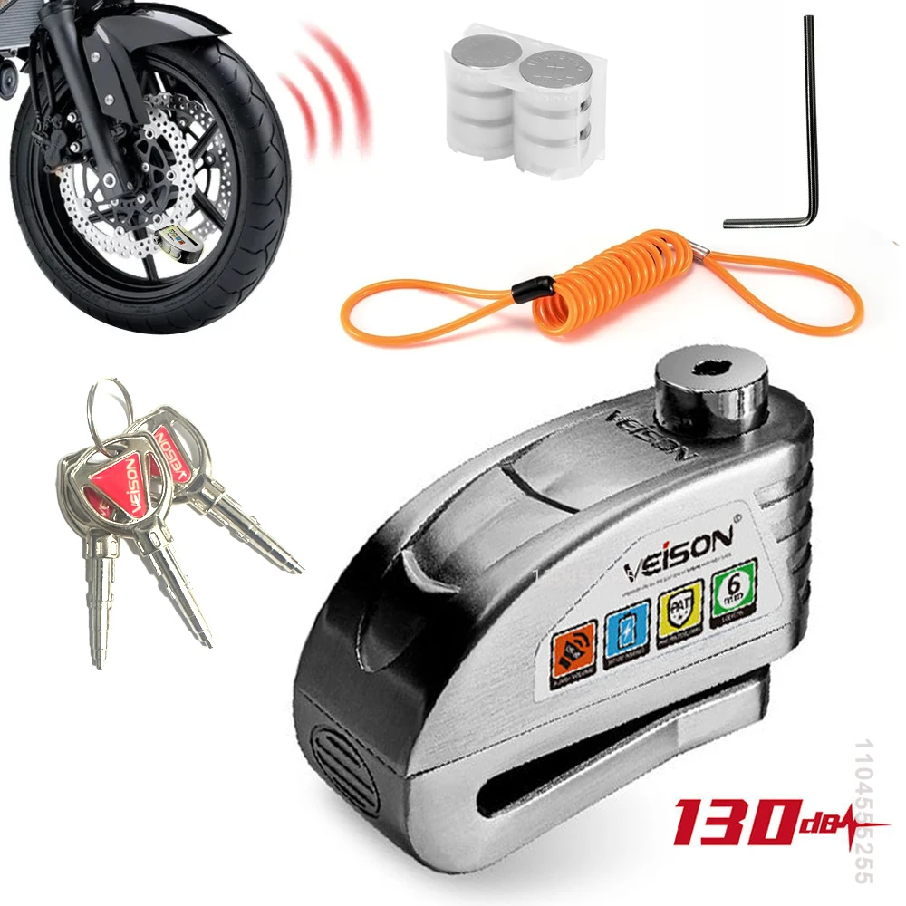 

Замок дискового тормоза VEISON, замок сигнализации для мотоцикла, противоугонный замок для мотоцикла 130 дБ с кабелем напоминания, замки ротора тормоза для скутера и велосипеда