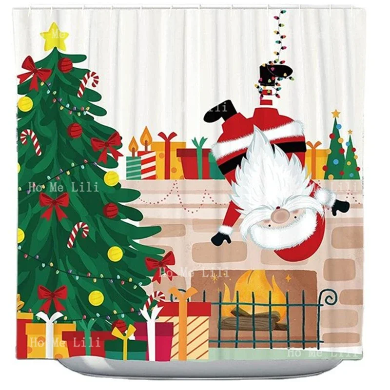 Winter Holiday Theme Merry Christmas Upside Down Santa Claus To Send A Surprise Design Shower Curtain Bathroom Decor With Hooks